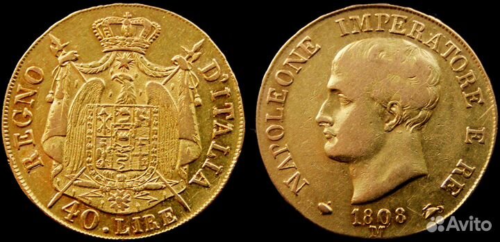 Италия 40 Лир. 1808 год. Наполеон I, Золото 900, 1