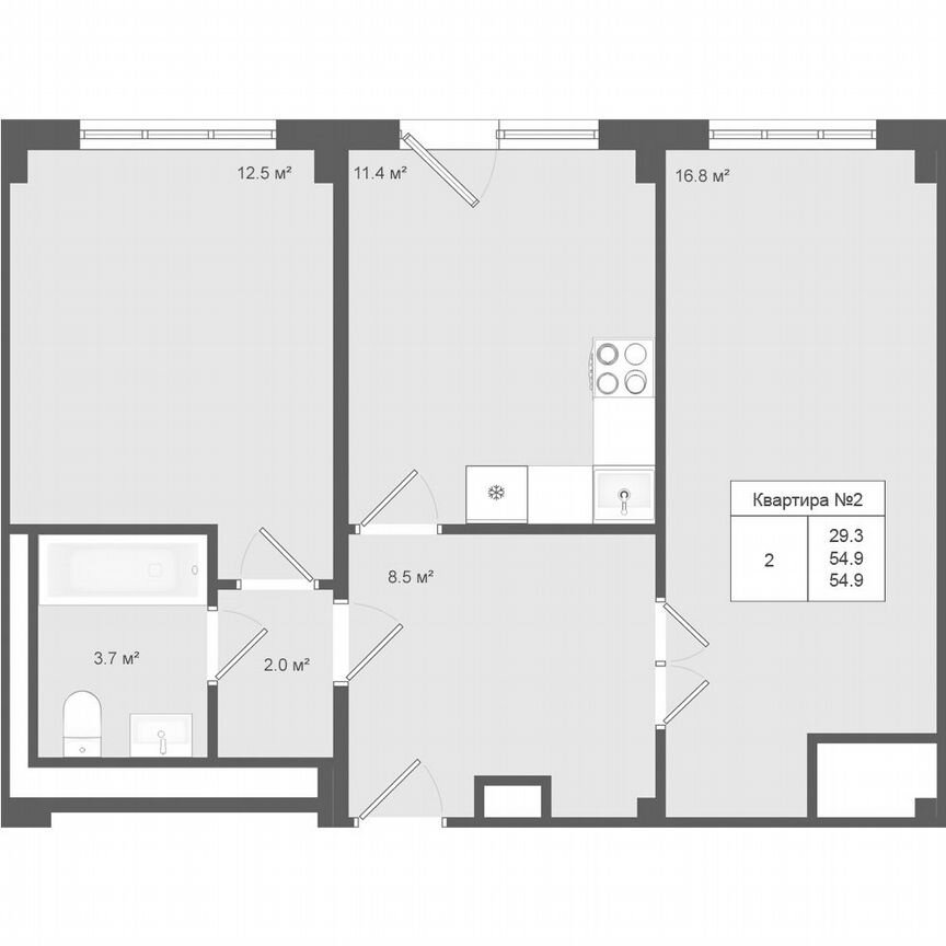 2-к. квартира, 54,9 м², 1/4 эт.