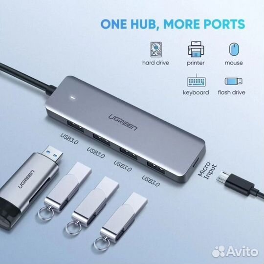Ugreen USB-концентратор 4 в 1 Type C, 4xUSB 3.0