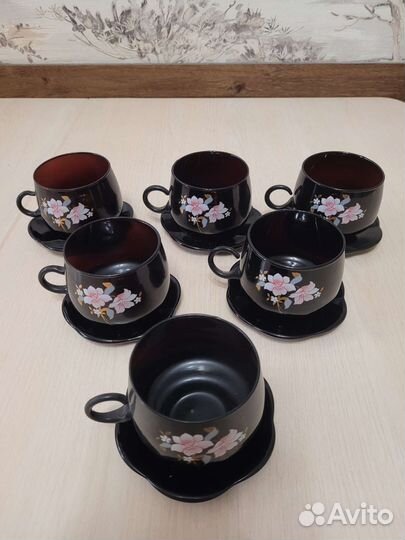 Сервиз чайный стеклянный черный с цветами