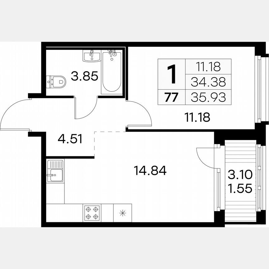 1-к. квартира, 35,9 м², 9/15 эт.
