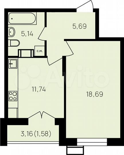 1-к. квартира, 44,4 м², 5/19 эт.