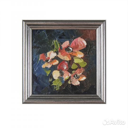 Красные маки в раме картина маслом 10х10 см