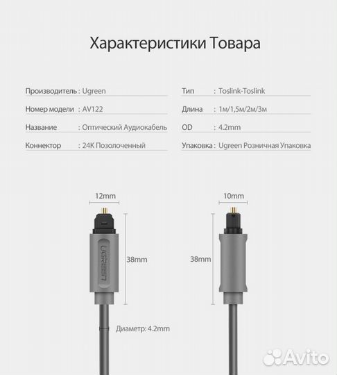 Цифровые оптические аудиокабели 3 метра toslink