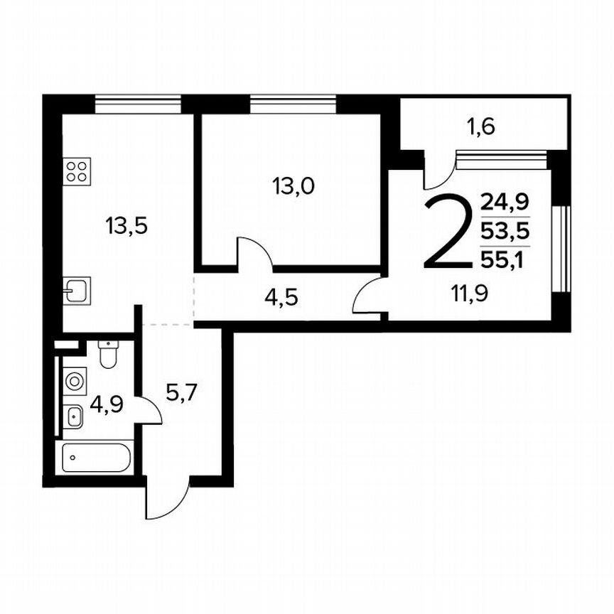 2-к. квартира, 55,1 м², 2/14 эт.
