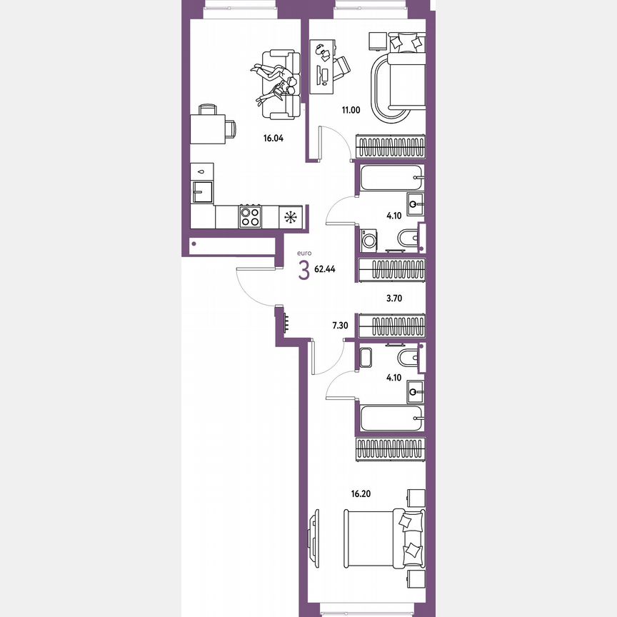 2-к. квартира, 62,4 м², 12/23 эт.