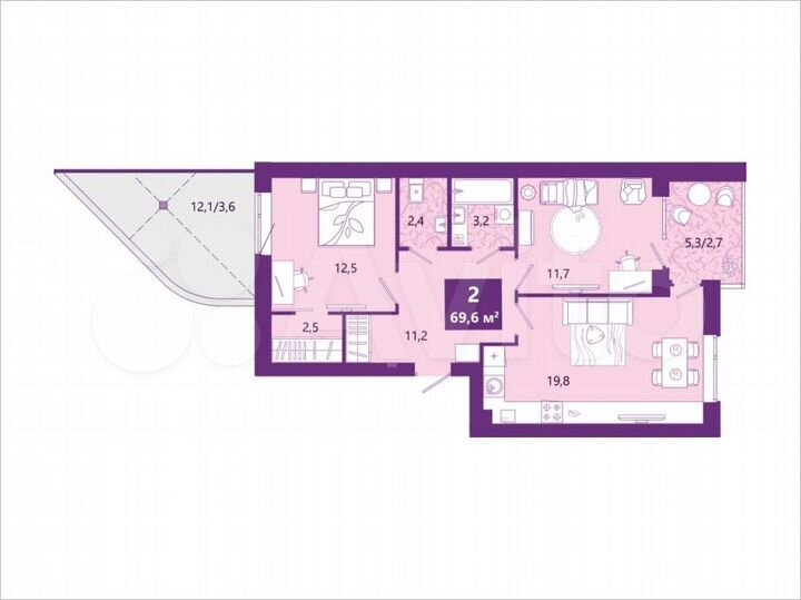 2-к. квартира, 69,6 м², 1/4 эт.