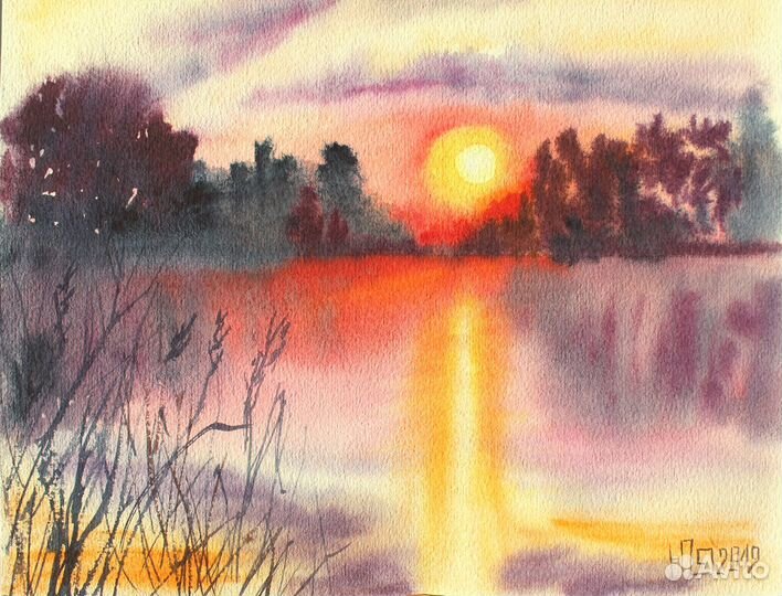 Картина акварелью пейзаж закат 26х26