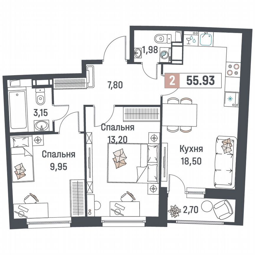 2-к. квартира, 55,9 м², 17/18 эт.