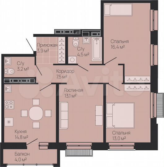 3-к. квартира, 77,6 м², 10/13 эт.