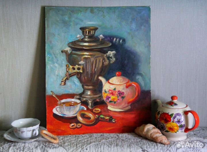 Картина маслом Натюрморт с самоваром и чайником