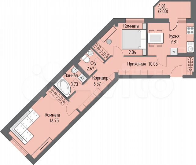 2-к. квартира, 60,2 м², 4/16 эт.