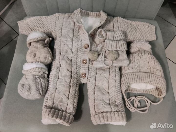 Комбинезон вязаный на меху + шапка + пинетки (р56)