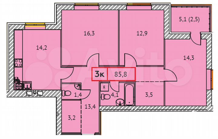 3-к. квартира, 85,8 м², 3/9 эт.