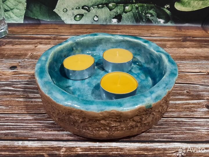 Подсвечник глиняный ручной работы большой голубой