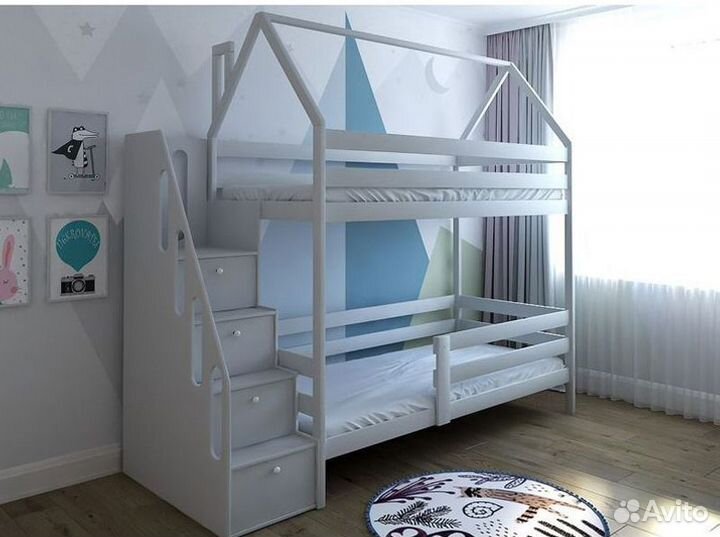 Двухъярусная детская кровать домик с лестницей ком