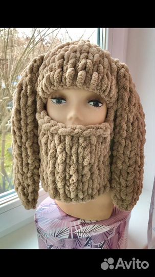 Плюшевая балаклава зайка с длинными ушками