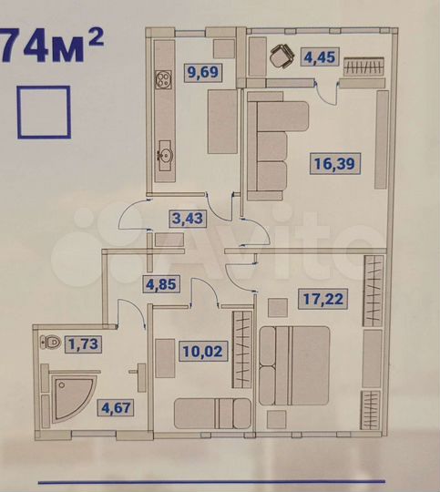 3-к. квартира, 75 м², 2/10 эт.