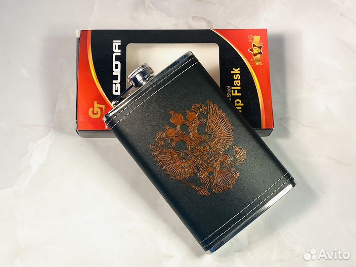 Фляжка из нержавейки новая подарочная экокожа