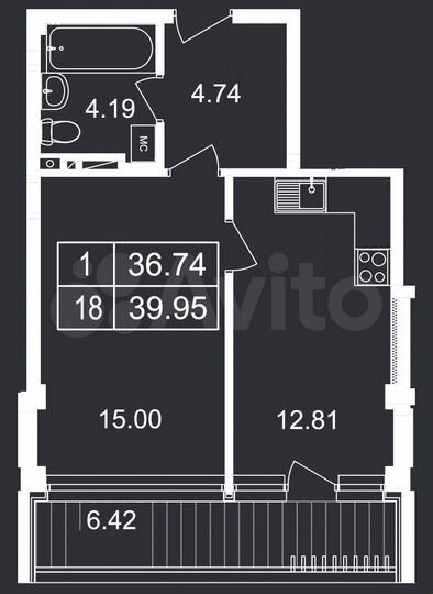 1-к. апартаменты, 40 м², 2/8 эт.