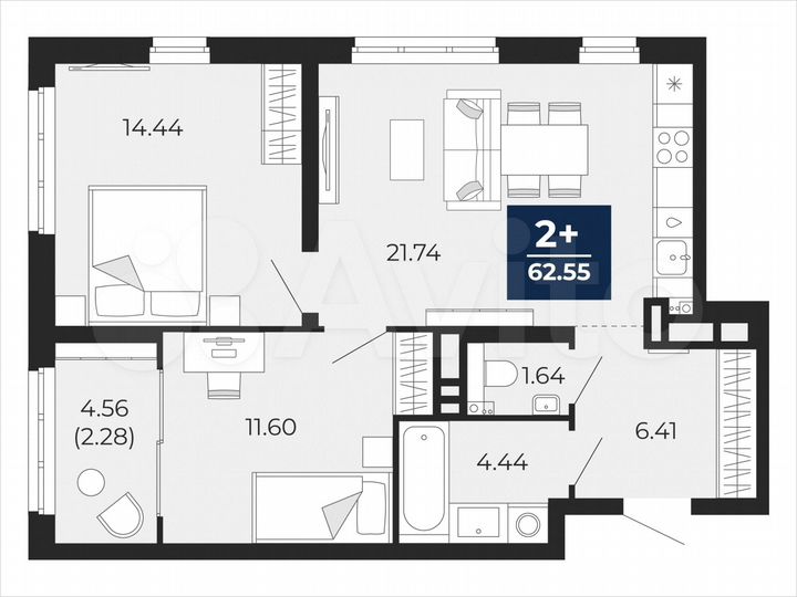 2-к. квартира, 62,6 м², 18/21 эт.