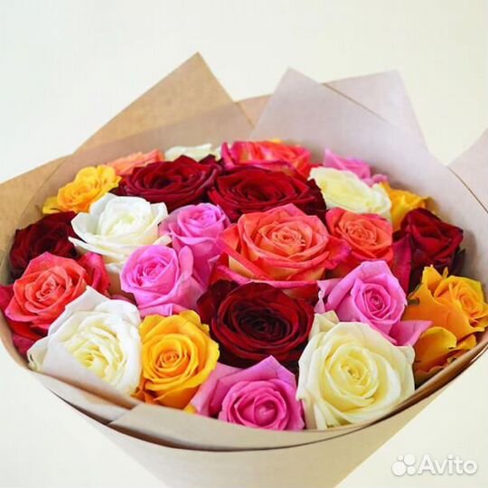 Букет разноцветных роз, Эквадор, 40см 37 шт