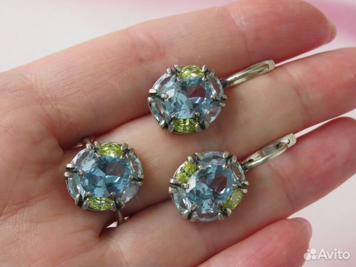 Топаз Хризолит Серебряное кольцо Серьги Серебро
