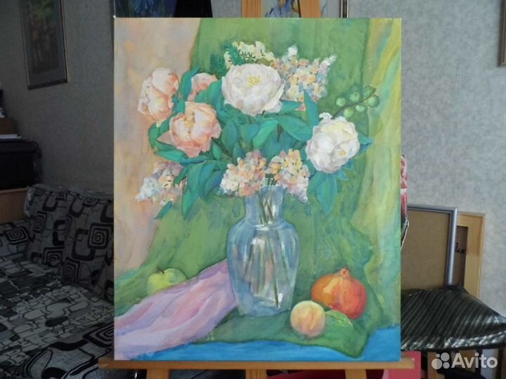 Картина С пионами акварель