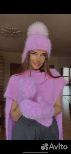 Шапка ушанка ангора вязаная ручная работа