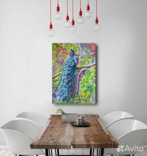 Картина интерьерная маслом Павлин на ветке