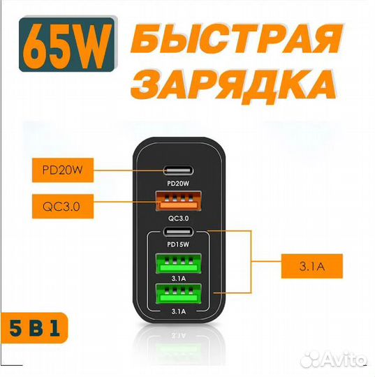 Блок питания 65W сетевое зарядное устройство 5 в 1