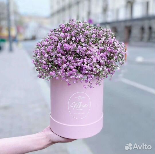 Букет из гипсофилы в коробке, радужная гипсофила