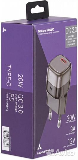 Сзу Accesstyle Grape 20WC Type-C Black Grey