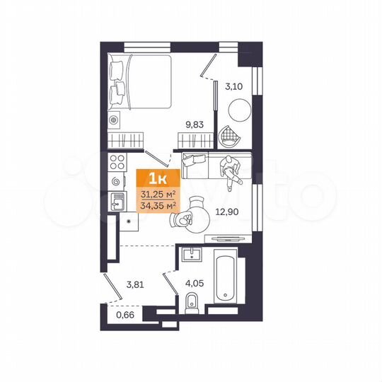 1-к. квартира, 34,4 м², 14/17 эт.