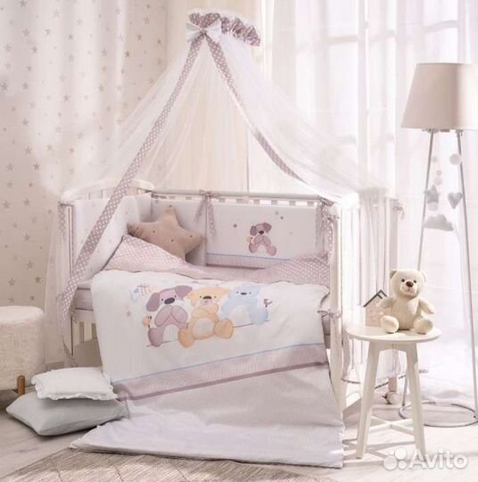 Бортики+балдахин+белье в детскую кроватку