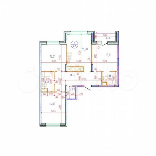 3-к. квартира, 84,2 м², 15/17 эт.