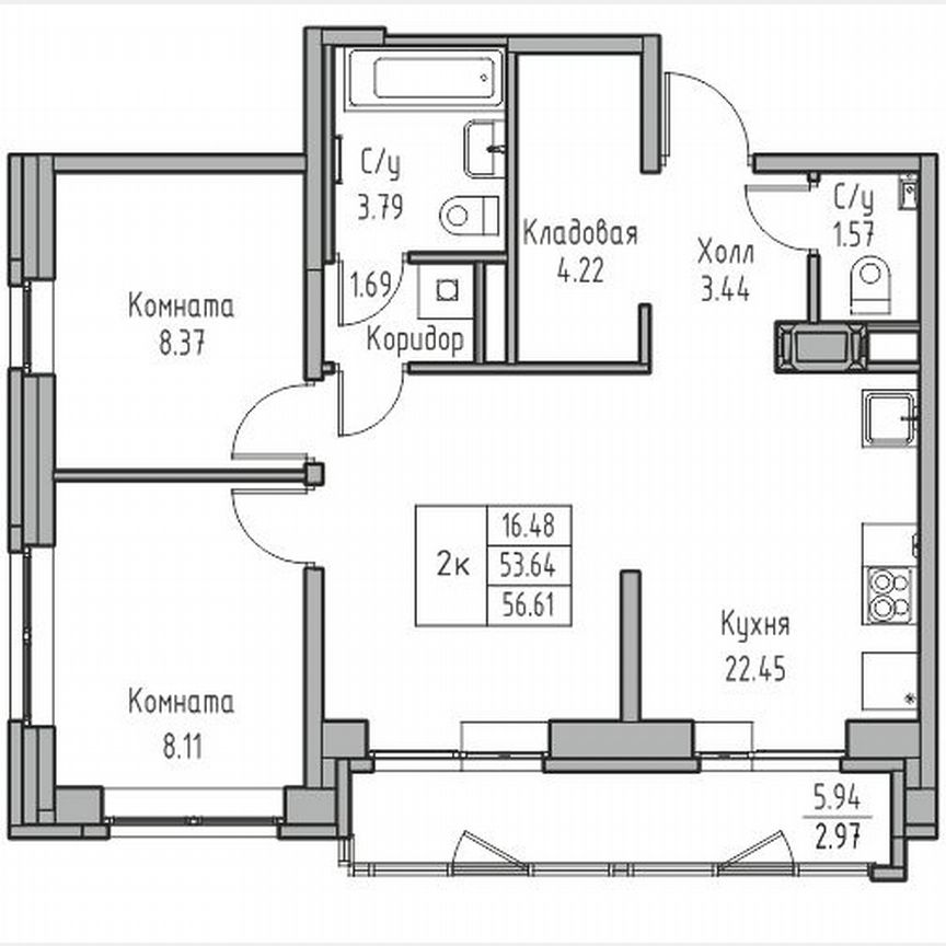 2-к. квартира, 56,6 м², 10/23 эт.