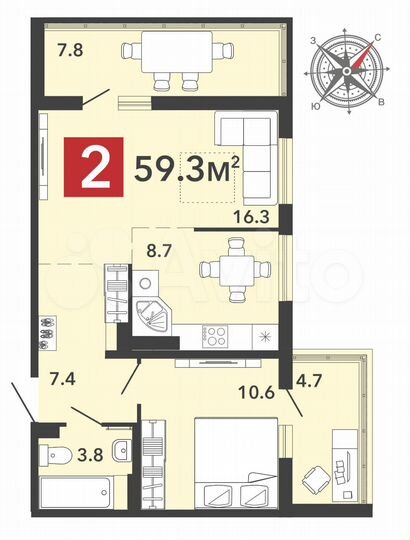 2-к. квартира, 59,3 м², 9/16 эт.
