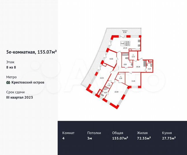 4-к. квартира, 155,1 м², 8/8 эт.