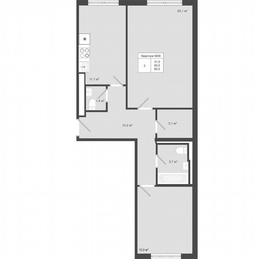 2-к. квартира, 60,5 м², 3/4 эт.
