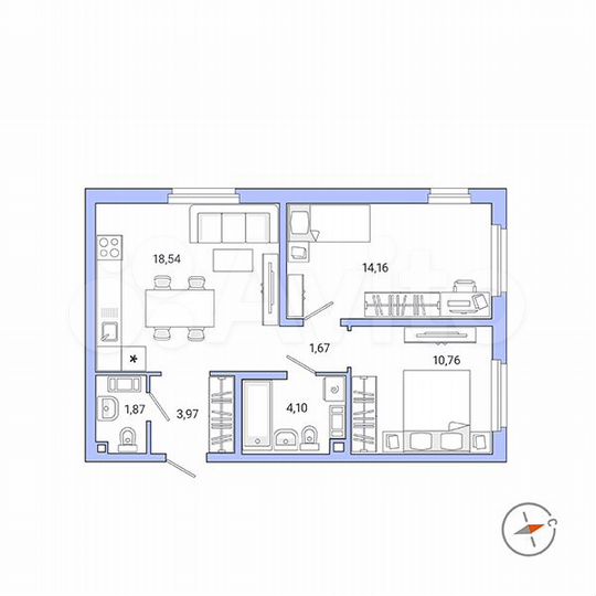 2-к. квартира, 55,1 м², 1/9 эт.