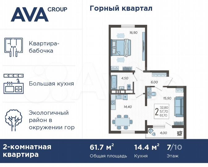 2-к. квартира, 61,7 м², 7/10 эт.