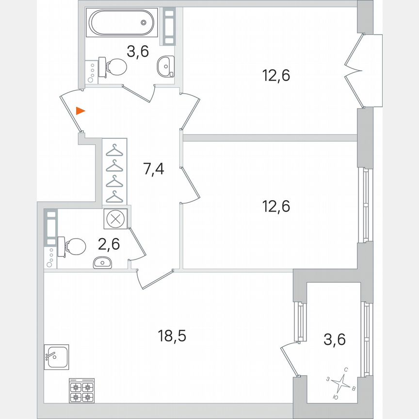 2-к. квартира, 59,1 м², 2/4 эт.
