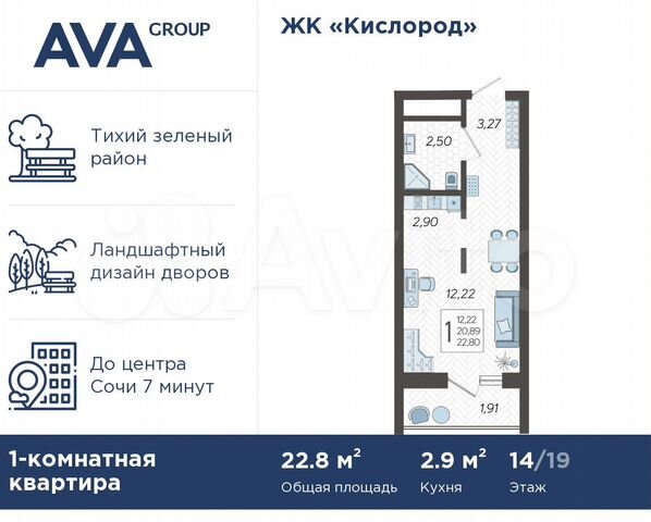 Квартира-студия, 22,8 м², 14/19 эт.