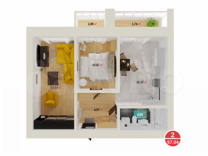 2-к. квартира, 57 м², 16/16 эт.