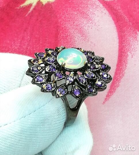 Кольцо серебро опал, аметист разм.17,0 К181