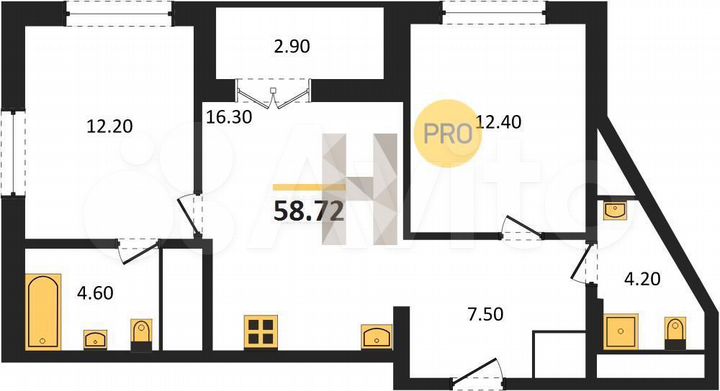 2-к. квартира, 58,7 м², 12/25 эт.