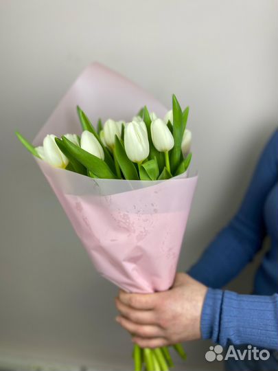 Букет из белых тюльпанов 25 шт в упаковке
