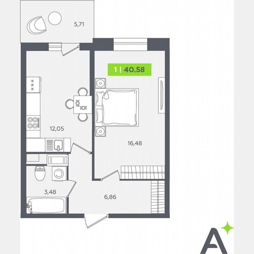 1-к. квартира, 40,6 м², 8/12 эт.
