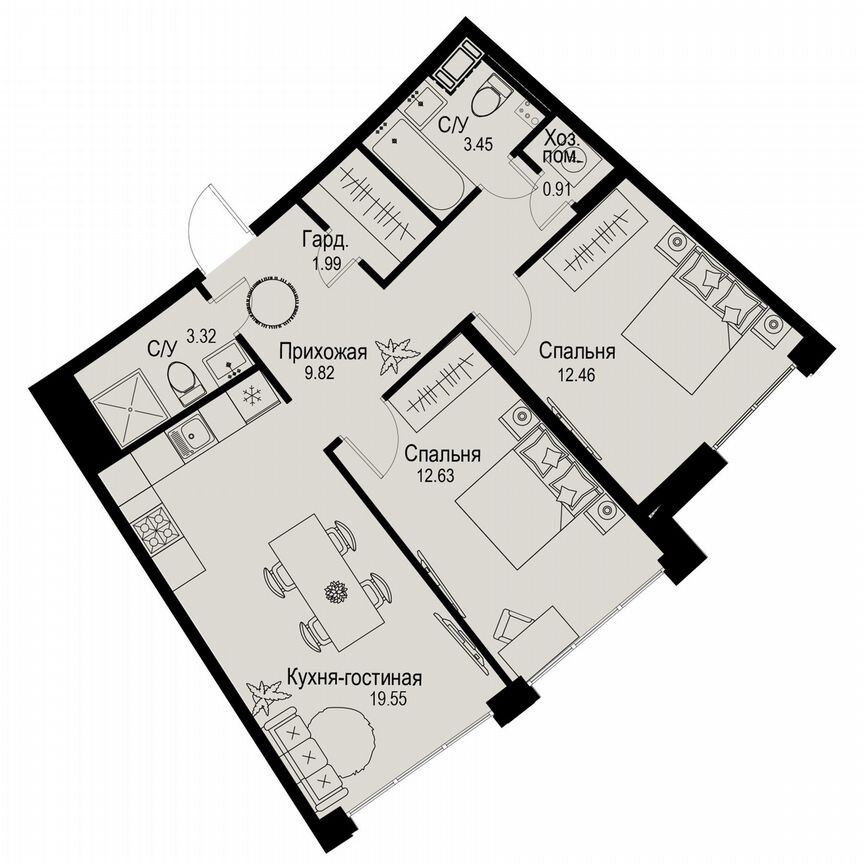 2-к. квартира, 64,1 м², 4/6 эт.